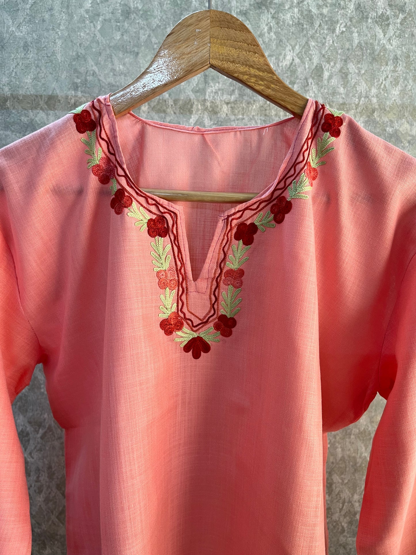 Peach Pink Cotton Aari Work Kurta