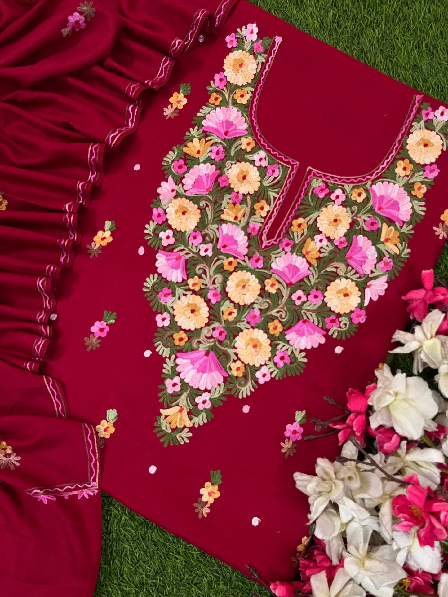 Maroon Woollen Aari Embroidered 3pc suit