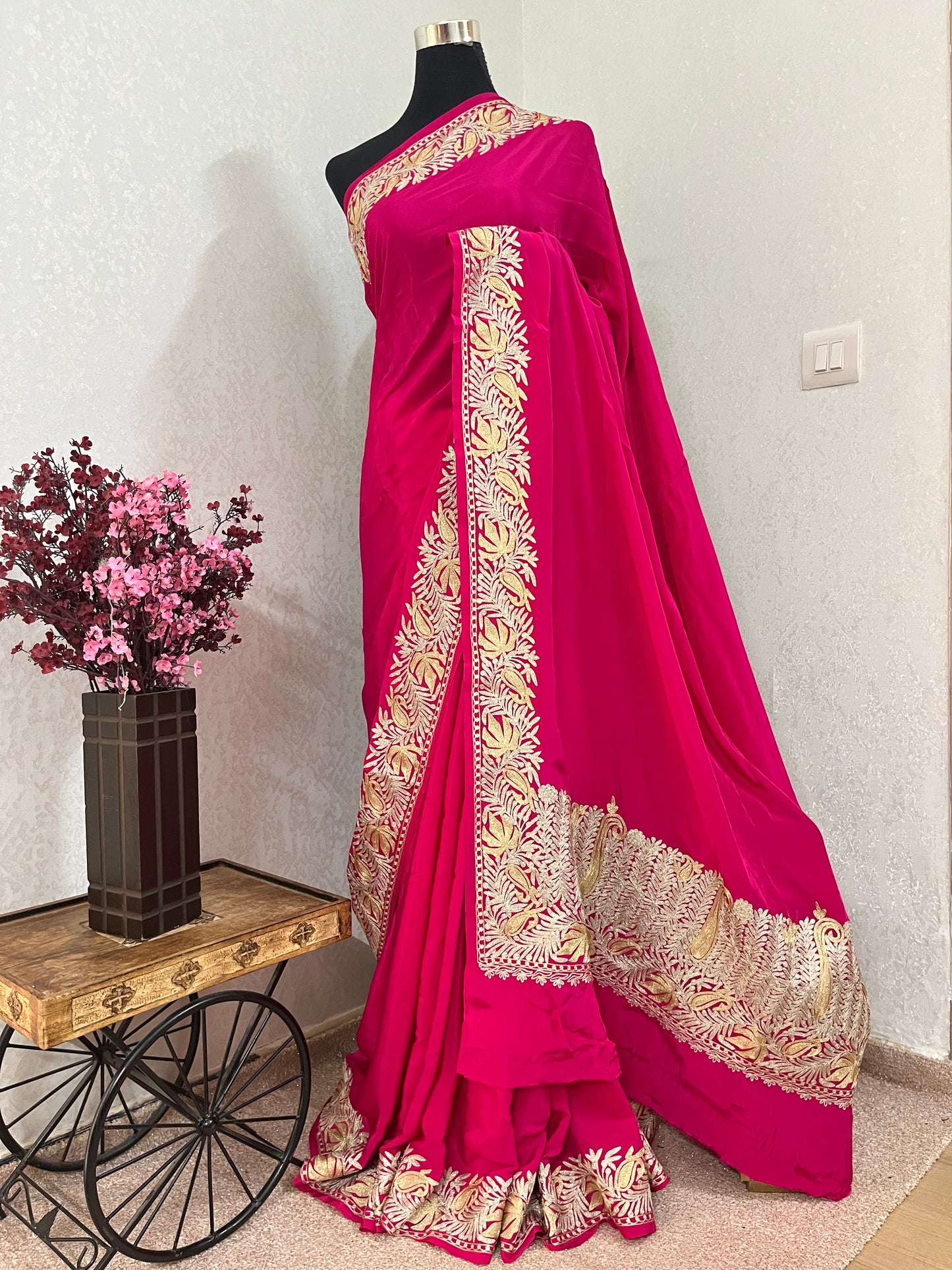 Hot Pink Crape Kashmiri Tilla Saree