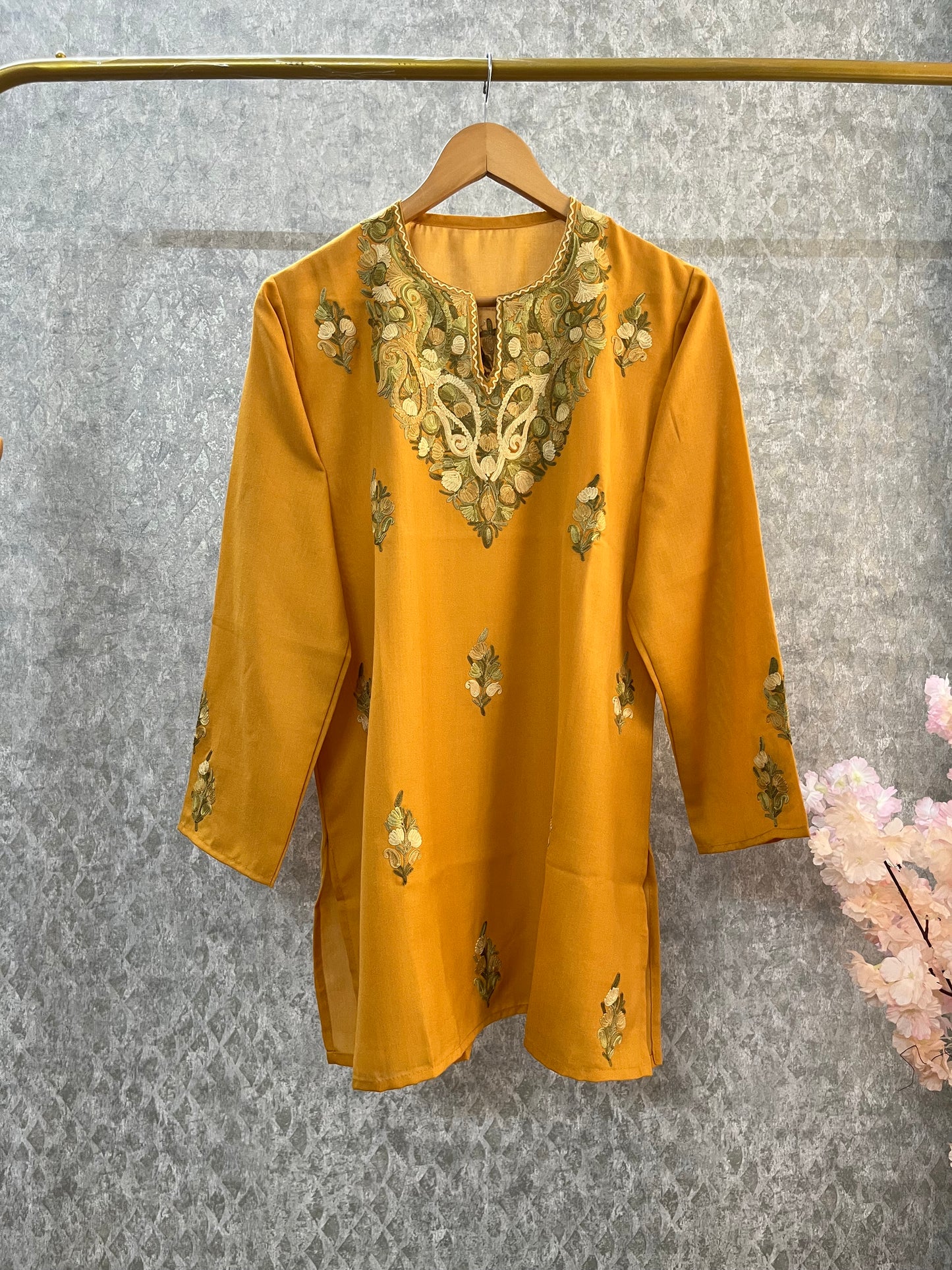 Golden Yellow Cotton Aari Work Kurti
