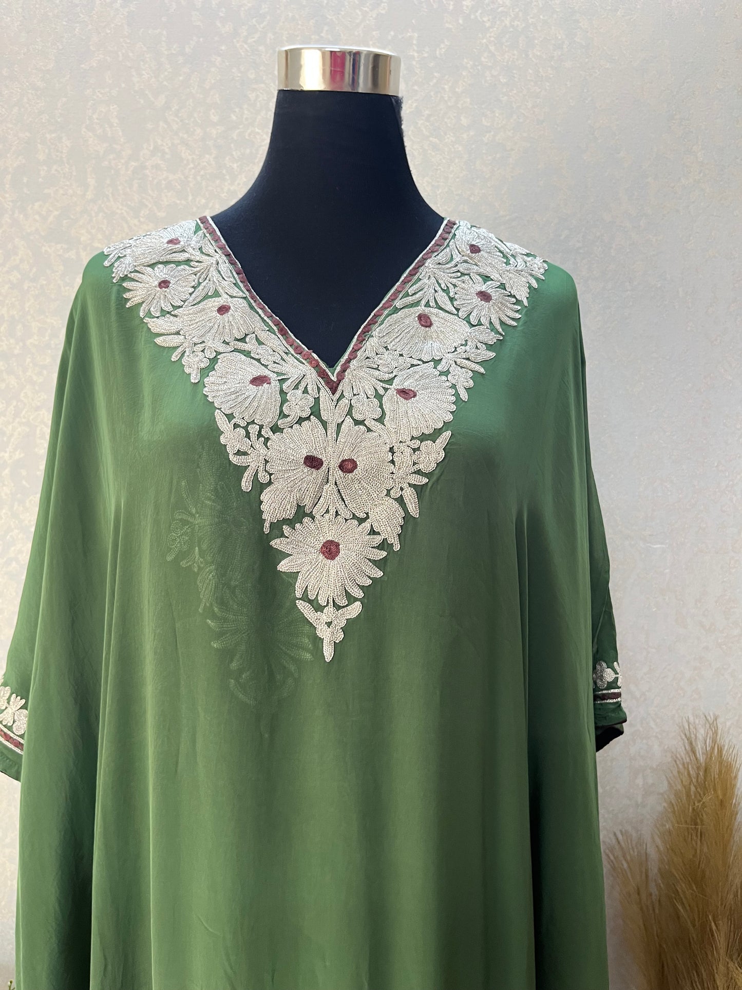 Green Crape Kashmiri Kaftan Set