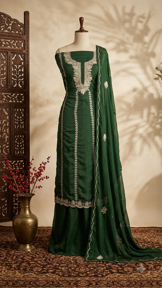 Green Sanam’ Silk Tilla Kashmiri Suit