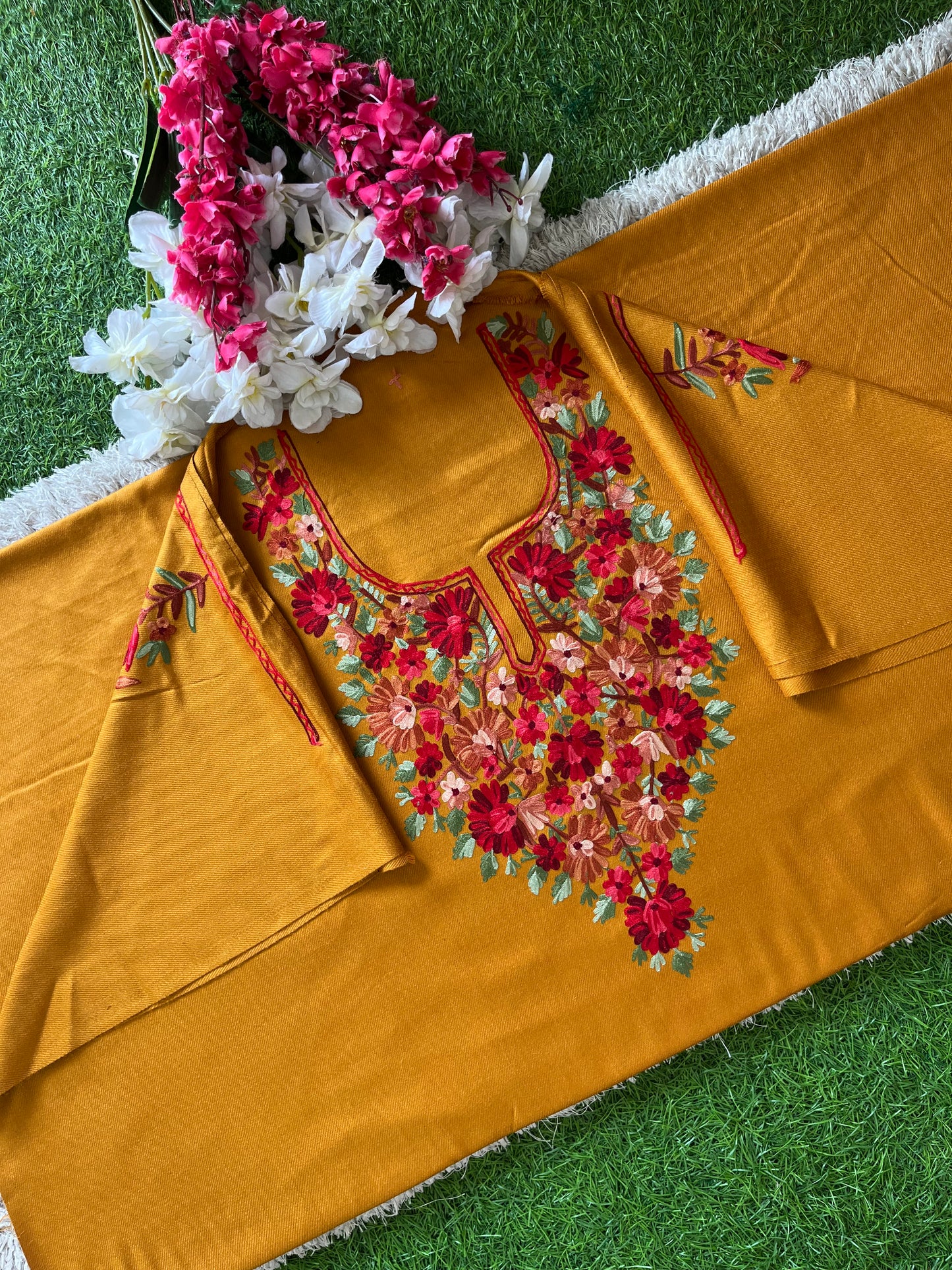 Golden Yellow Woollen Aari Embroidered 2pc suit 5mtr