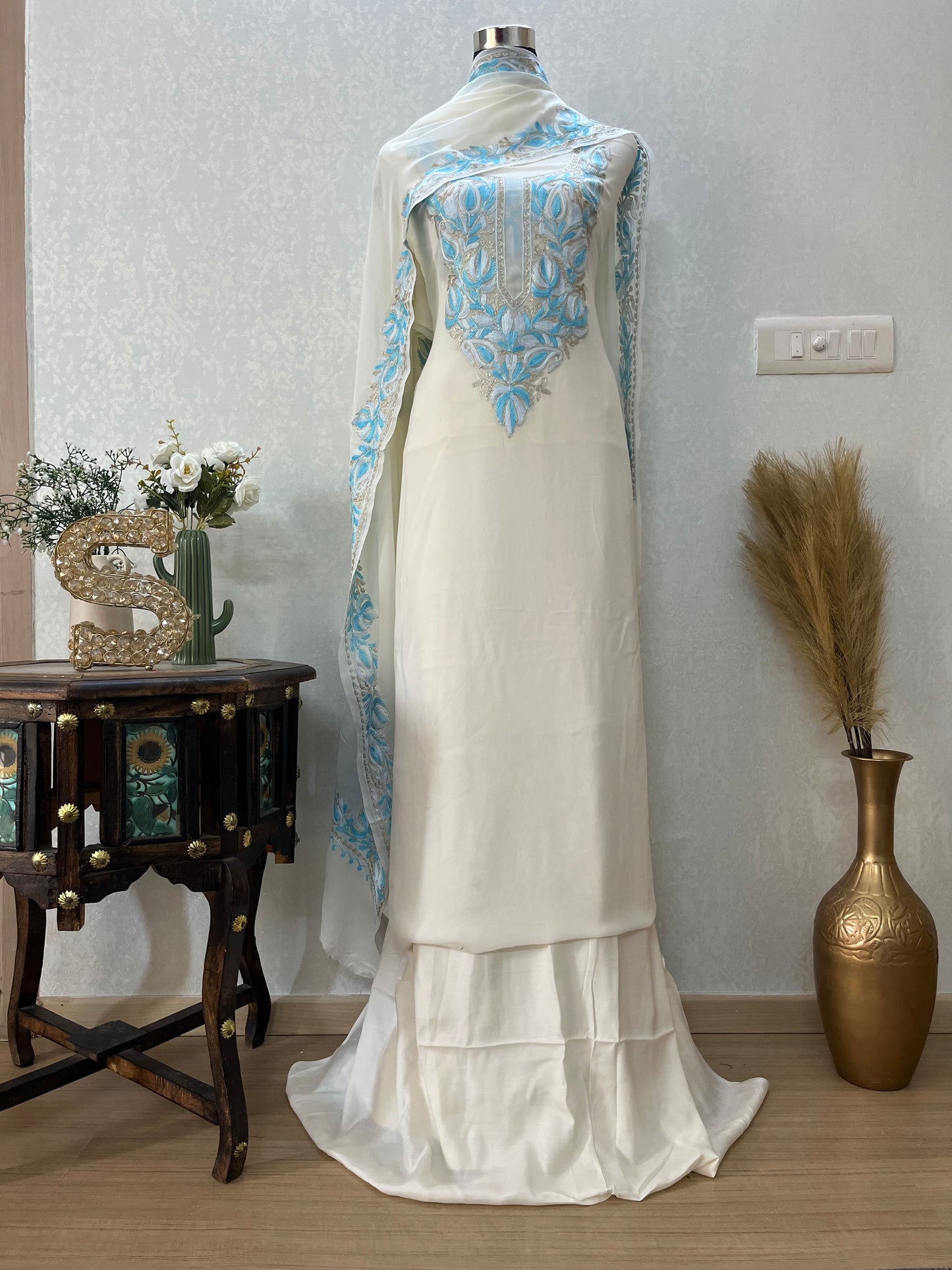 Off White Pure Georgette Kashmiri Suit