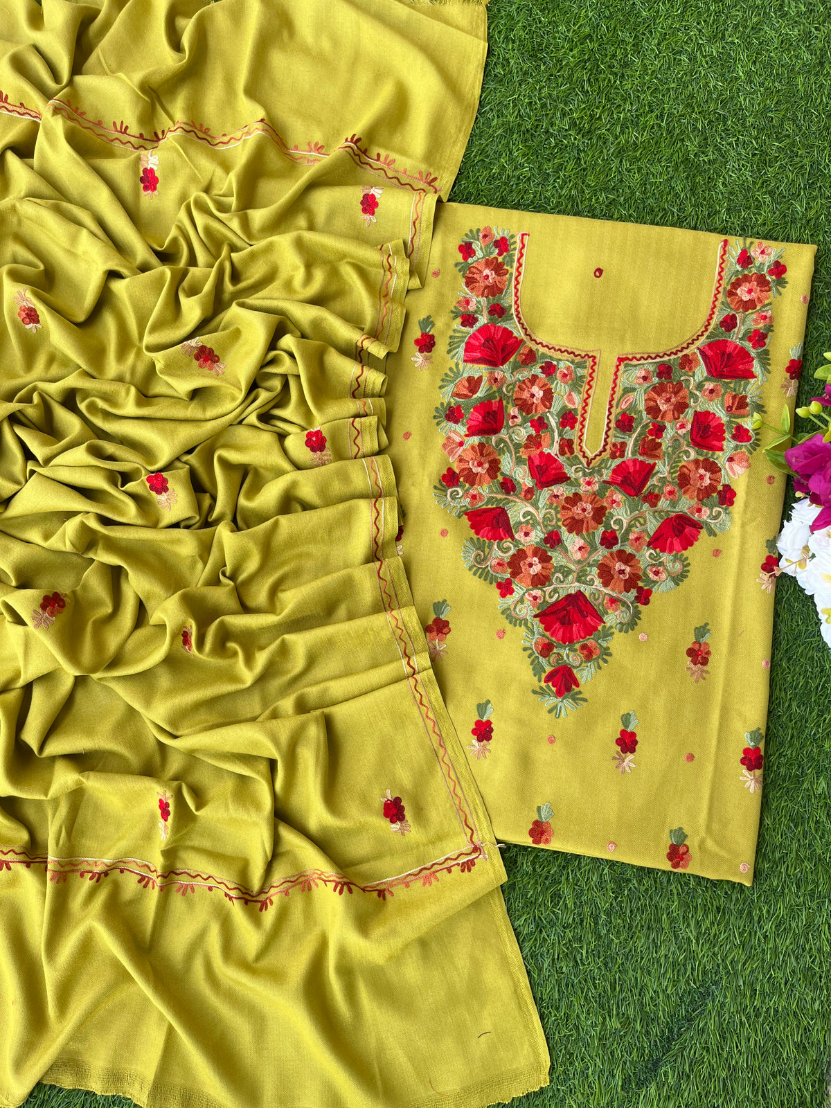 Lime Green Woollen Aari Embroidered 3pc suit