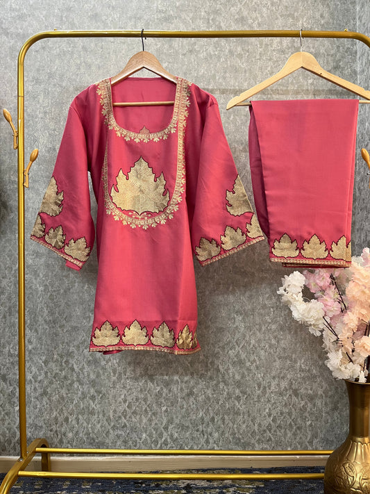 Candy Pink Woollen Kashmiri Co-Ord Set ( Size 42)