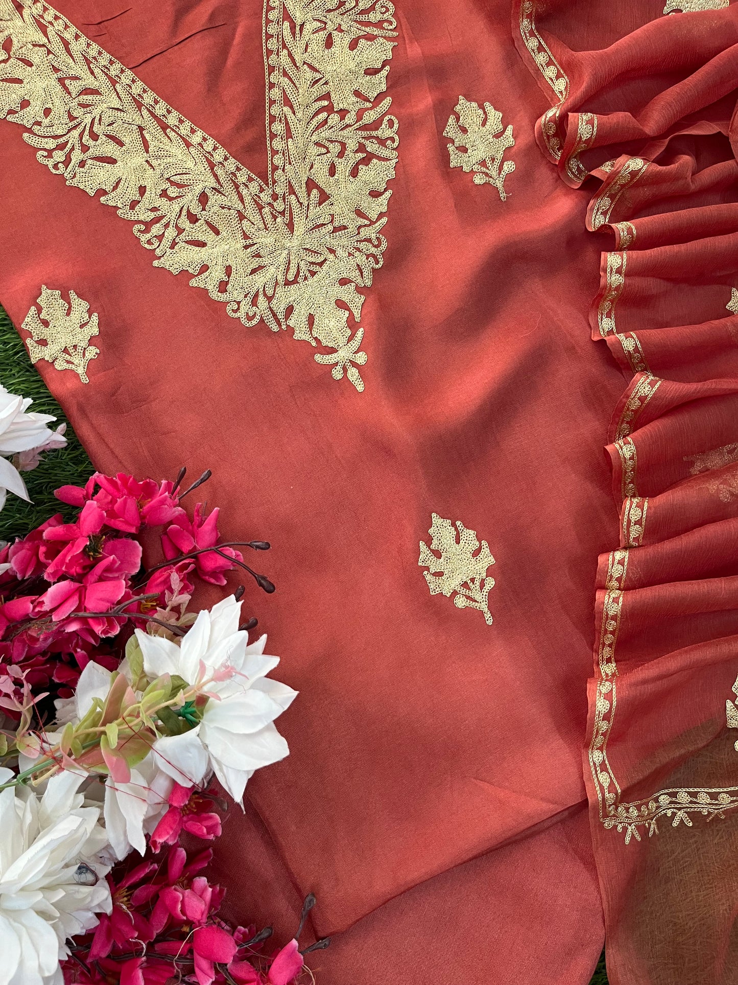 Blush Red Silk Tilla Kashmiri Suit