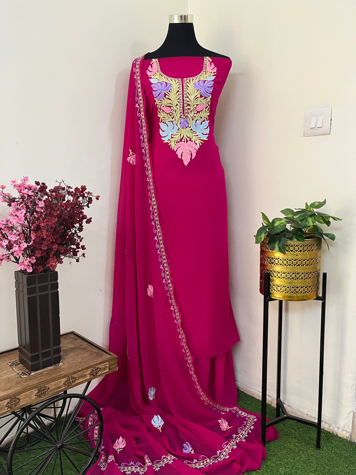 Hot Pink Georgette 3 Pc Aari Embroidered Suit Set