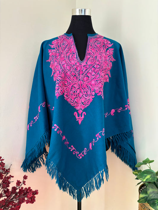 Firozi Aari Embroidered Wool Poncho