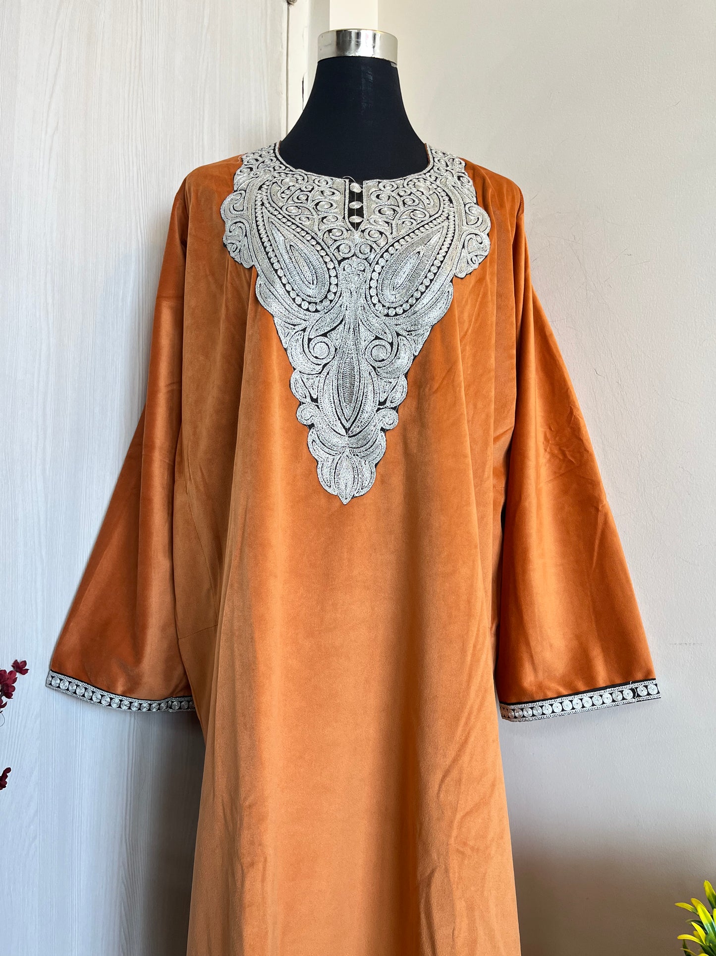 Orange Aari Embroidered 3 pc Velvet Suit Material