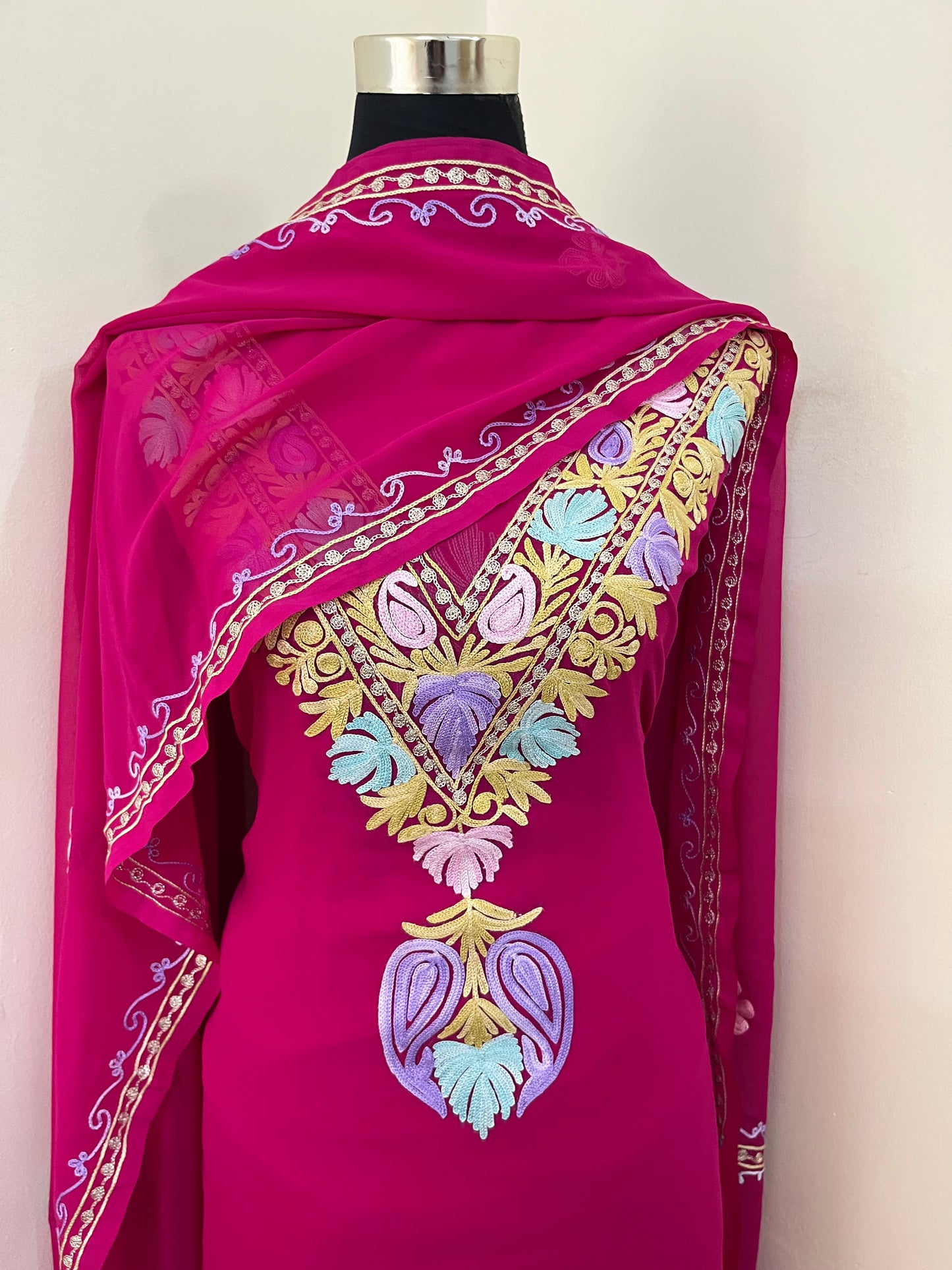 Hot Pink Georgette 3 Pc Aari Embroidered Suit Set