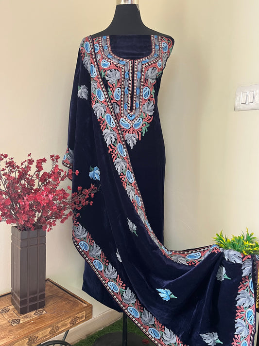 Blue Aari Embroidered Velvet 2pc Suit Material