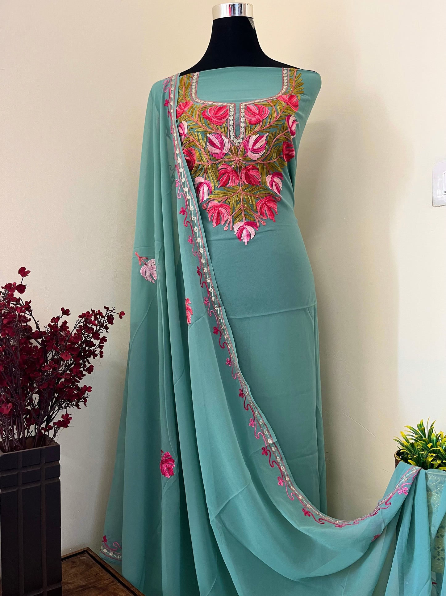 Sea Green Georgette Shirt and Dupatta Aari Embroidered Suit