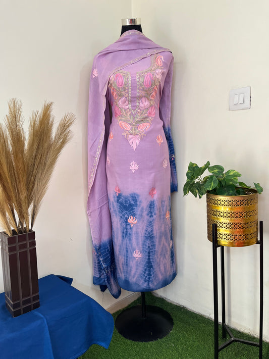 Lavender Mul Cotton Shibori Work Kashmiri 3pc Suit