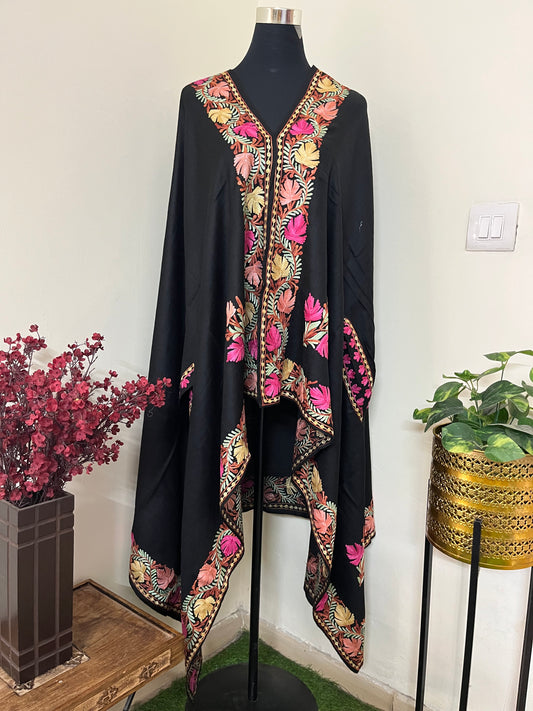 Black Aari Embroidered Pure Wool Cape