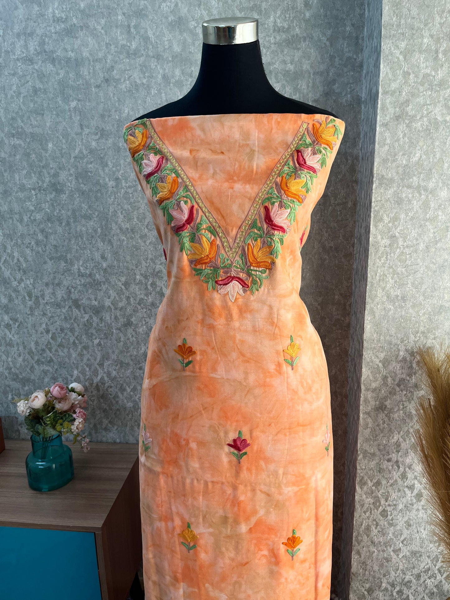 Tangerine Orange Self Work Satin Cotton Unstitched Co-ord Set