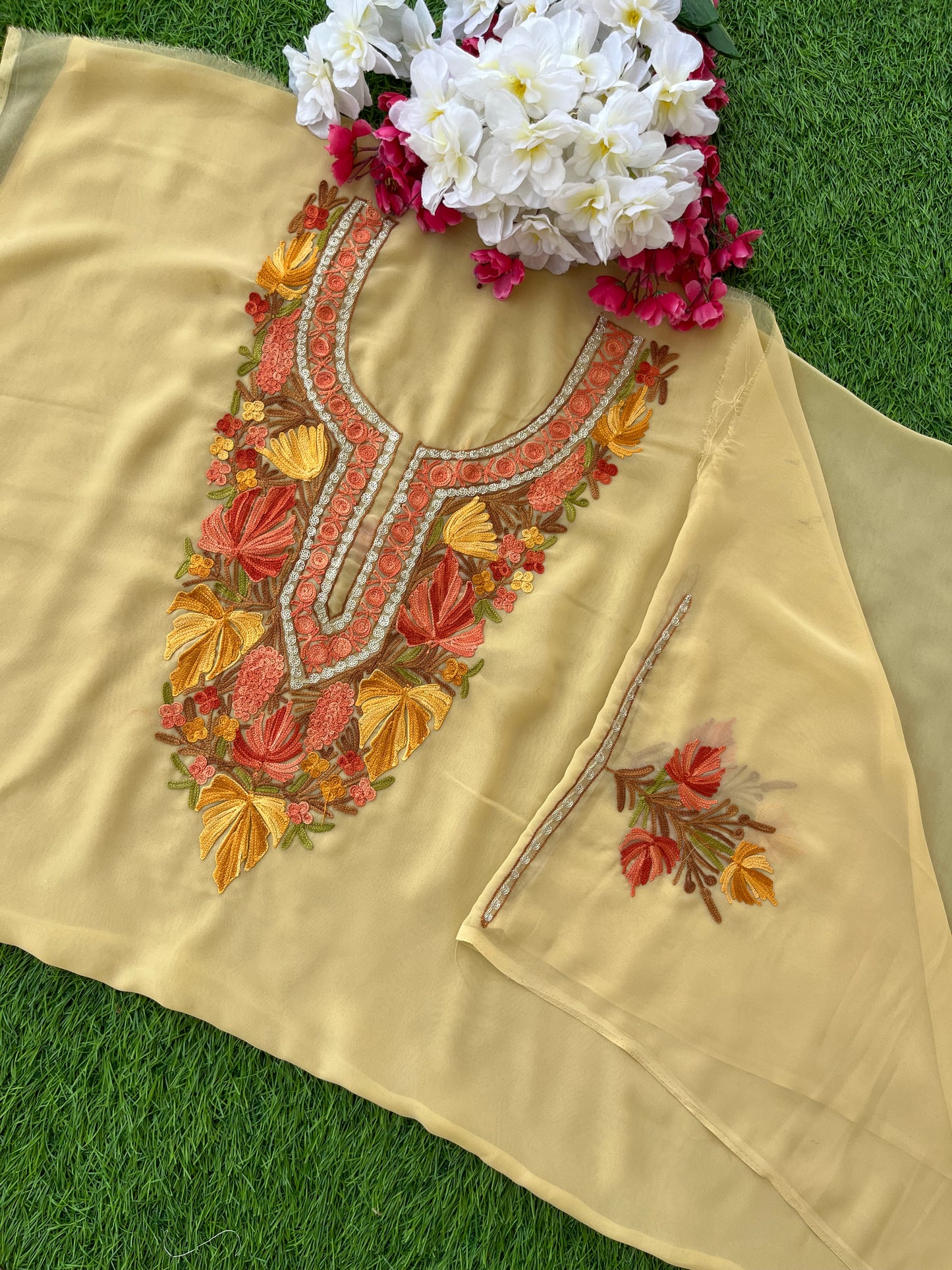 Golden Beige Georgette Aari Embroidered Unstitched Kurta Material