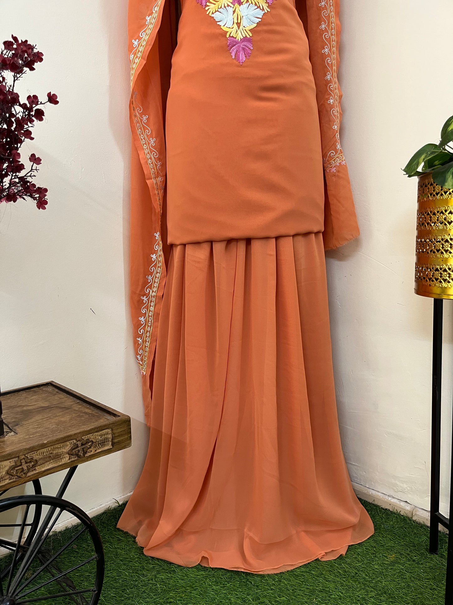 Soft Orange Georgette 3 Pc Aari Embroidered Suit Set