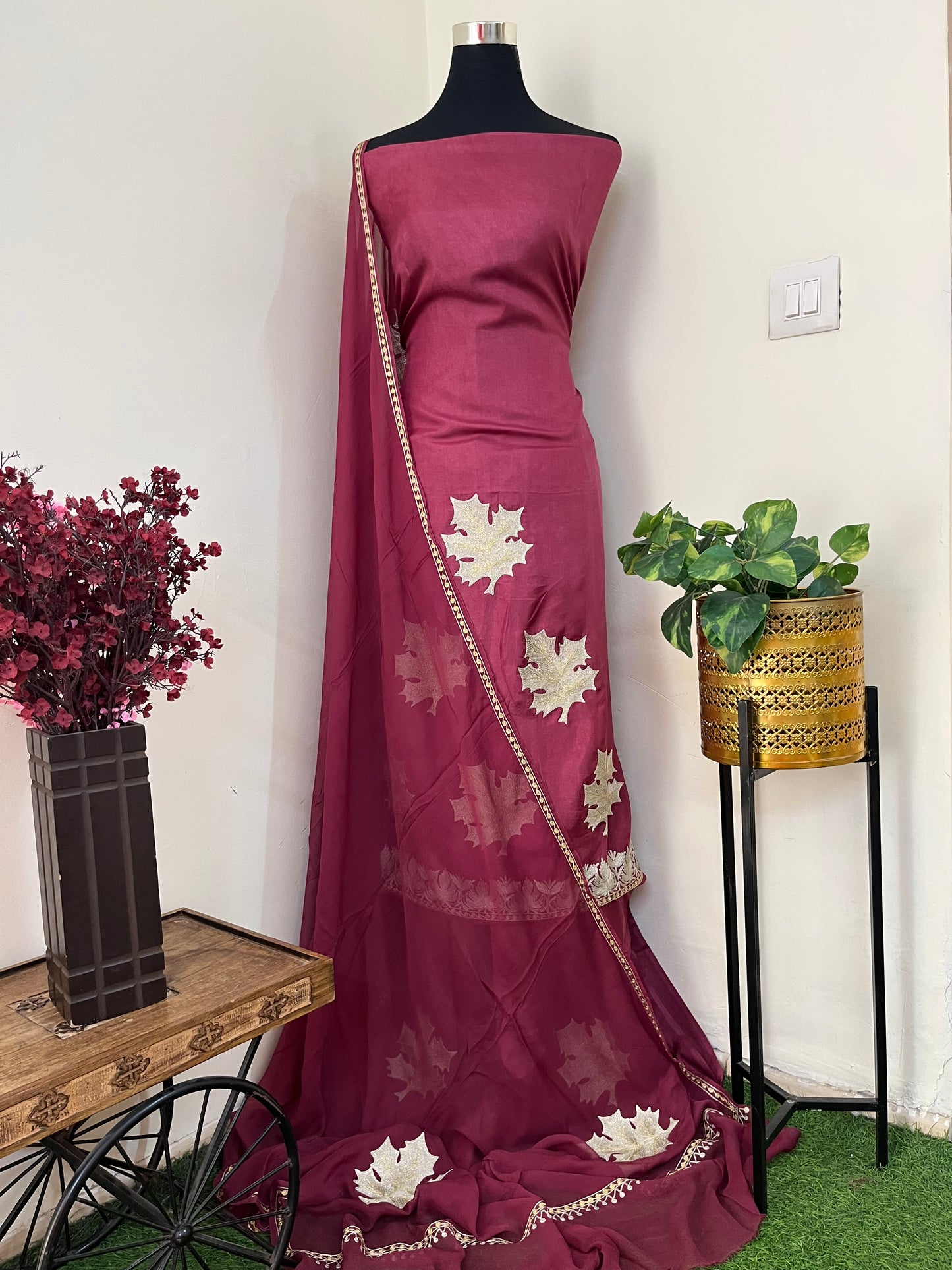 Red Sanam’ Tilla Embroidered Suit material