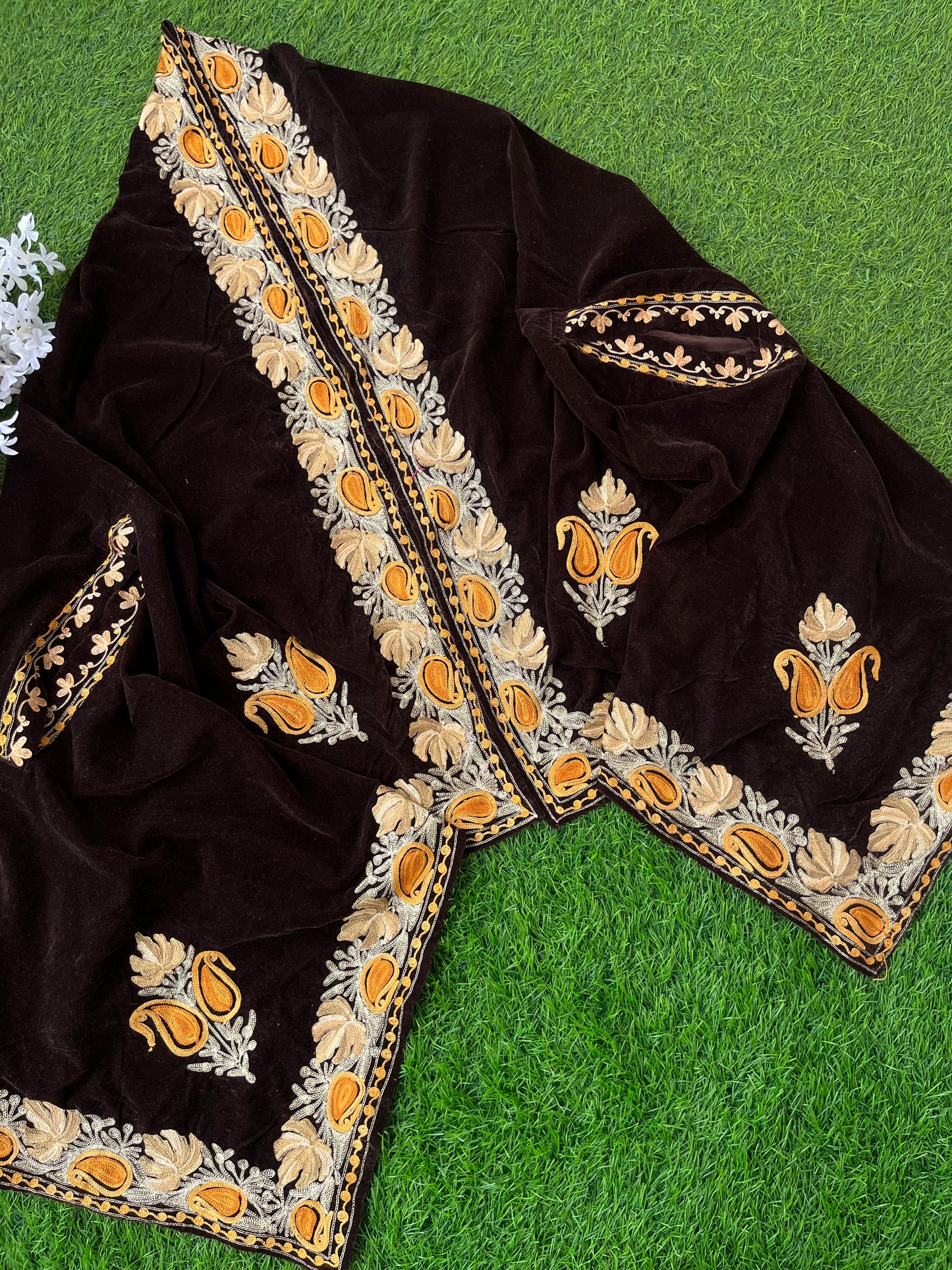 Brown Aari Embroidered Velvet Cape