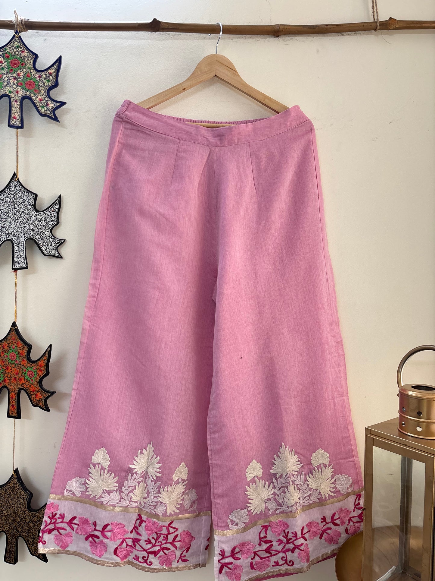 Women Pink Flared Aari Embroidered Palazzos
