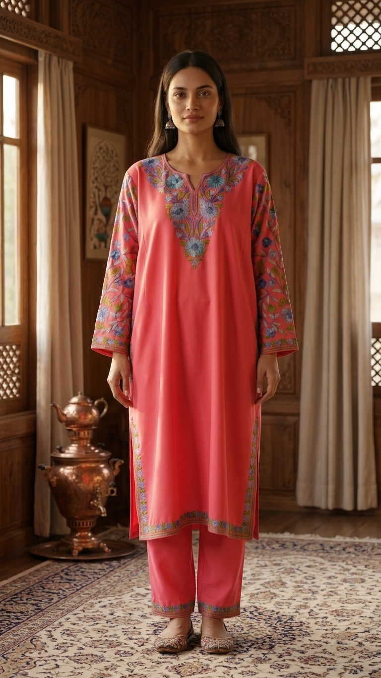 Carrot Pink Cotton Arm Jaal Pheran Set