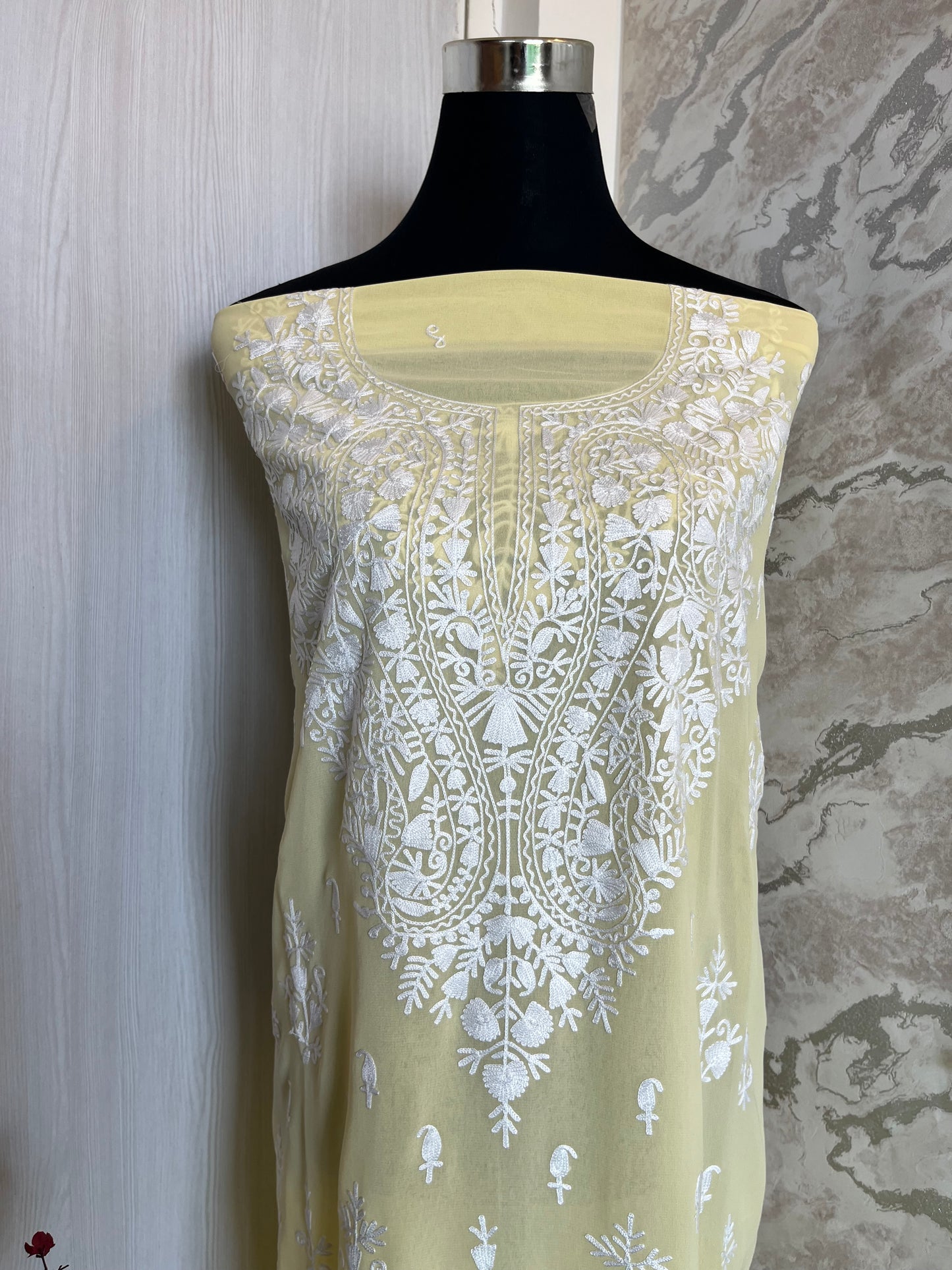 Georgette Lemon Yellow All over Work Aari Embroidered Unstitched Kurta Material