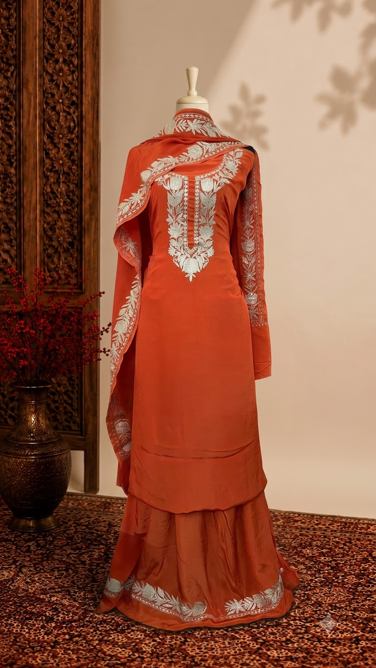 Kalaa’ Orange Crape Kashmiri Suit