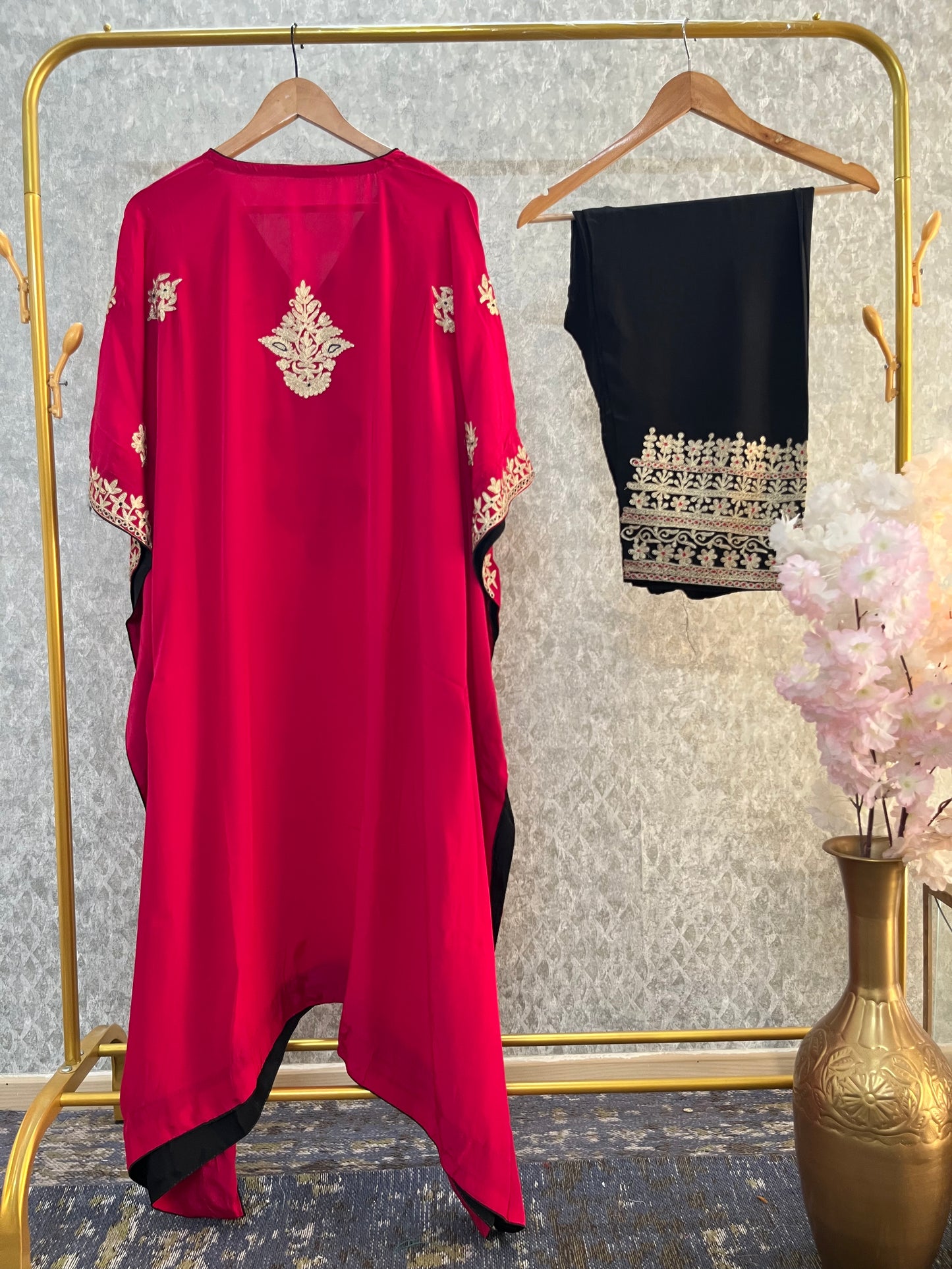 Hot Pink Crape Kashmiri Kaftan Set (44)