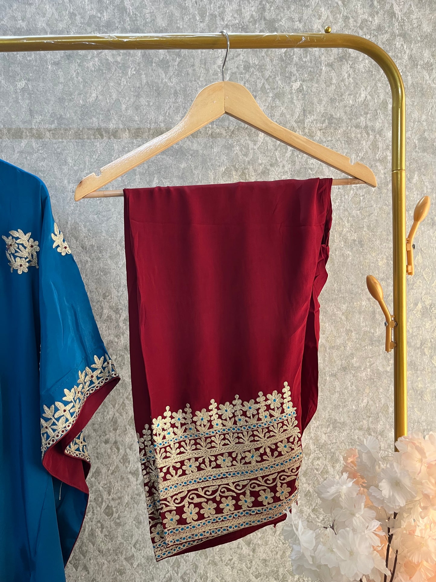 Peacock Blue Crape Kashmiri Kaftan Set size (44)
