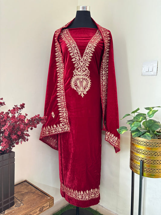 Maroon Tilla Embroidered Velvet 2pc Suit Material