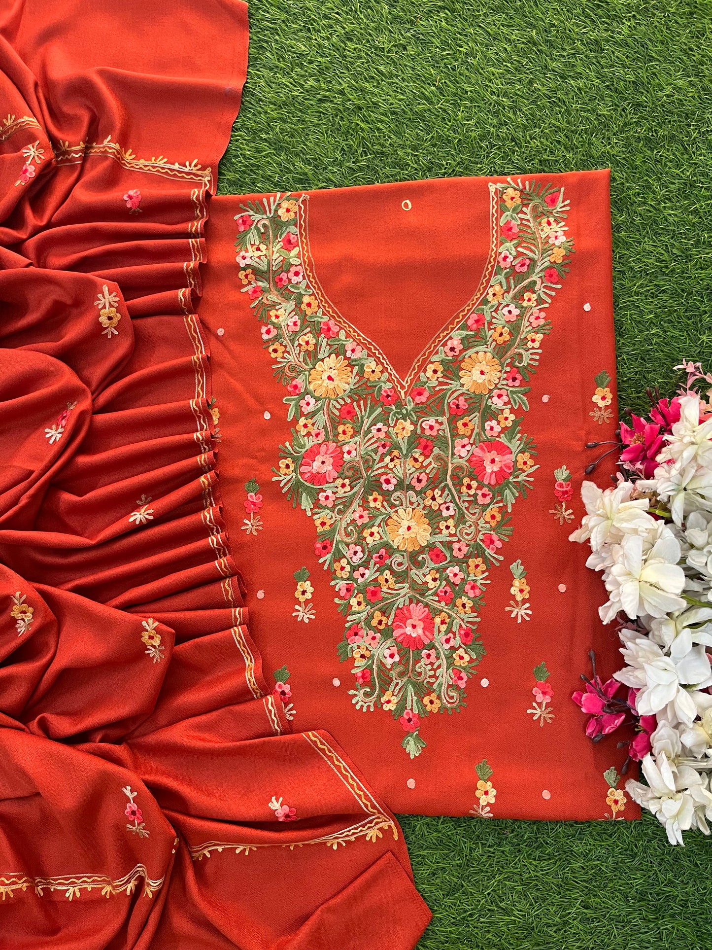 Rust Orange Woollen Aari Embroidered 3pc suit