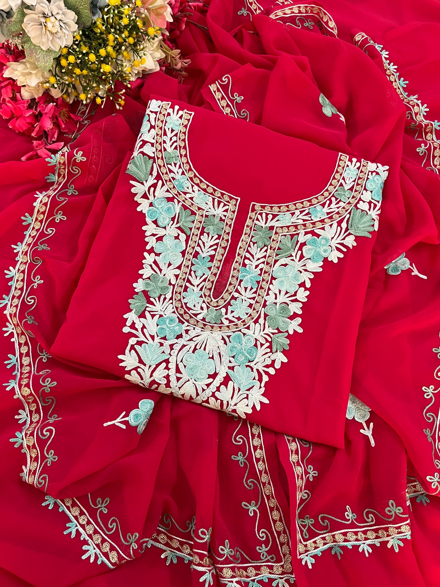 Candy Pink Georgette 3 Pc Aari Embroidered Suit Set