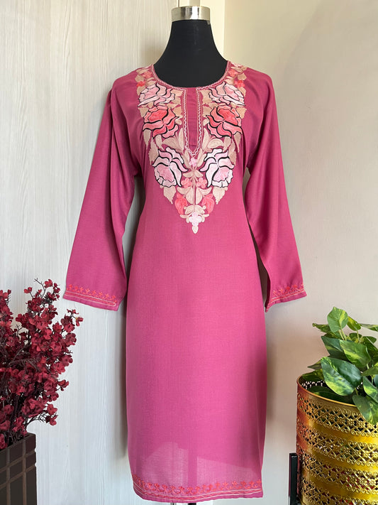 Pink Cotton Aari Work Kurti (Free Size up to Bust 46inches )