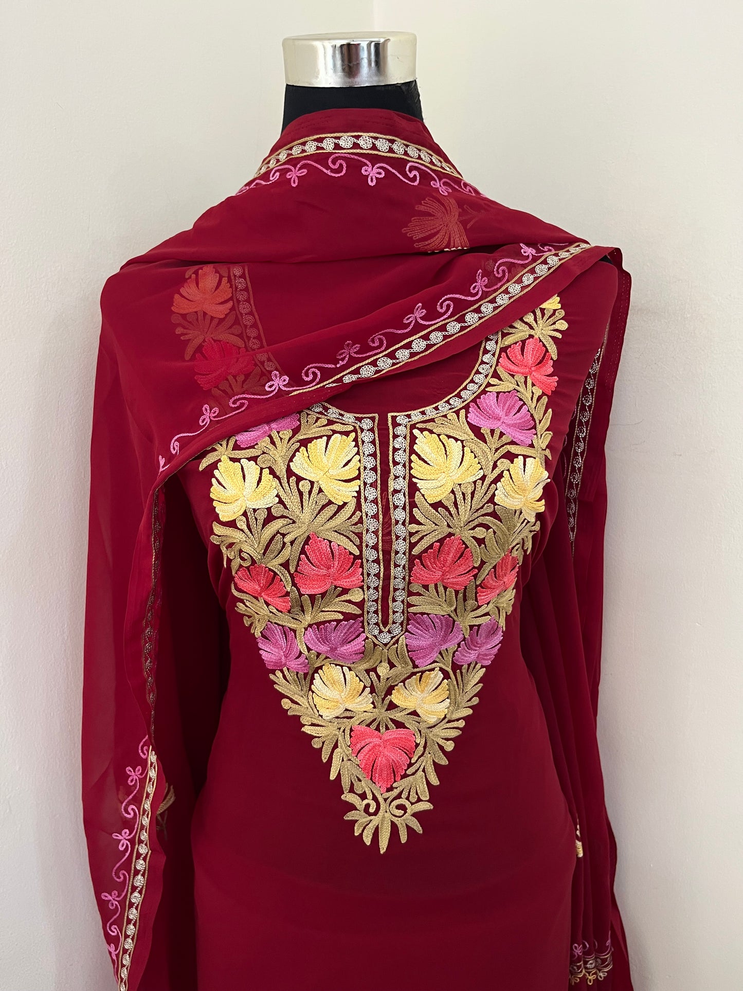 Maroon Georgette 3 Pc Aari Embroidered Suit Set