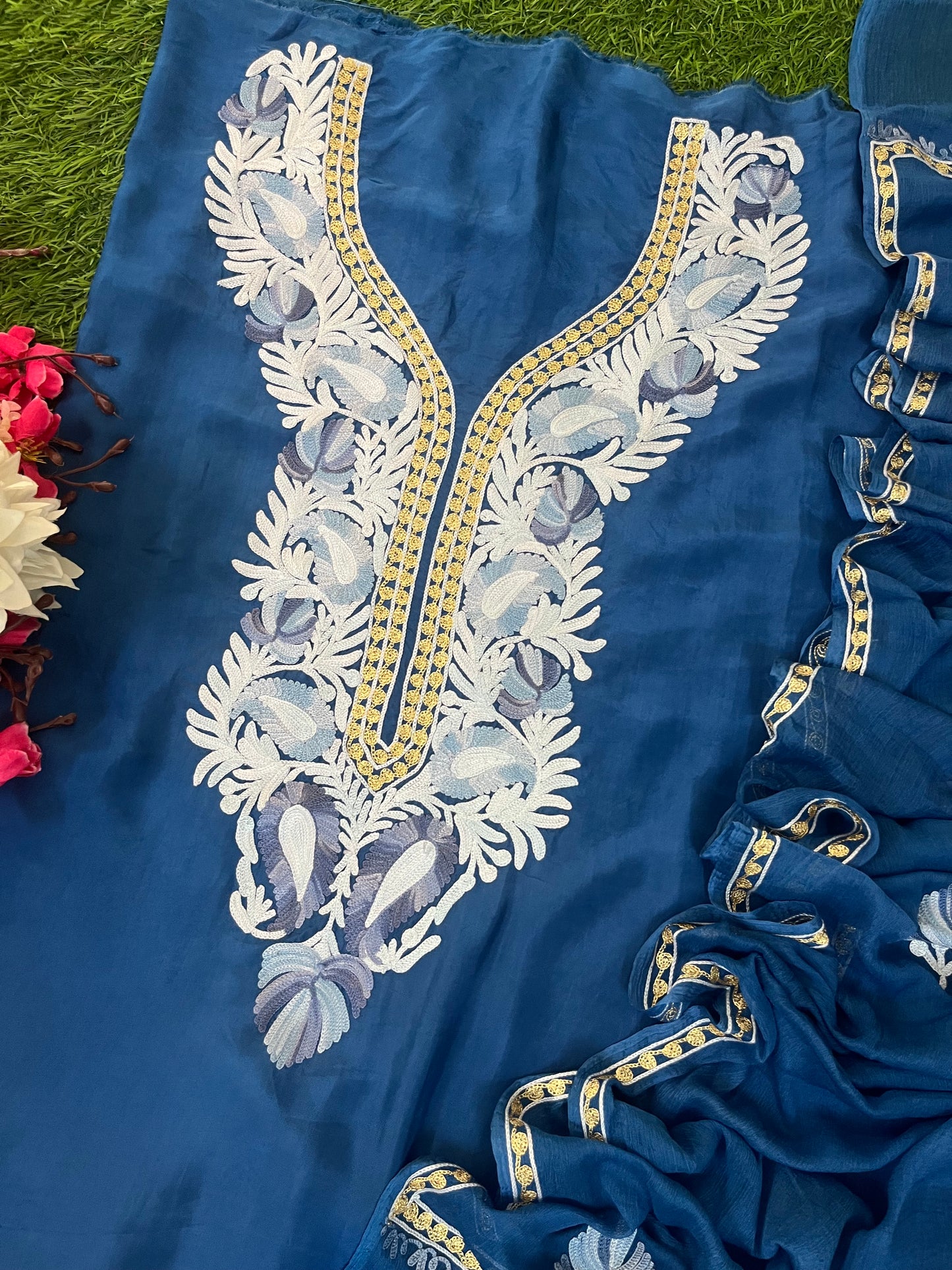 Soft Blue Opada Silk Kashmiri Suits