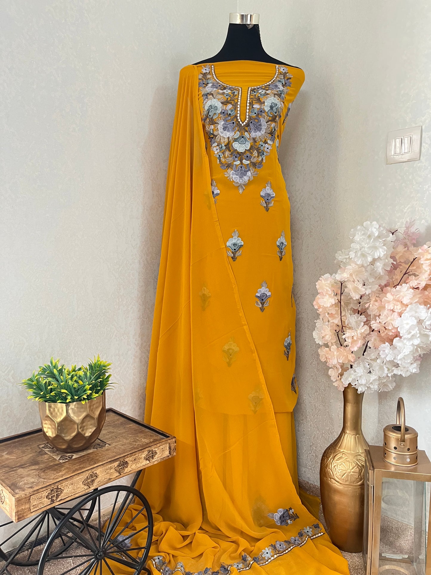 Mustard Yellow Georgette 3Pc Kashmiri Suit