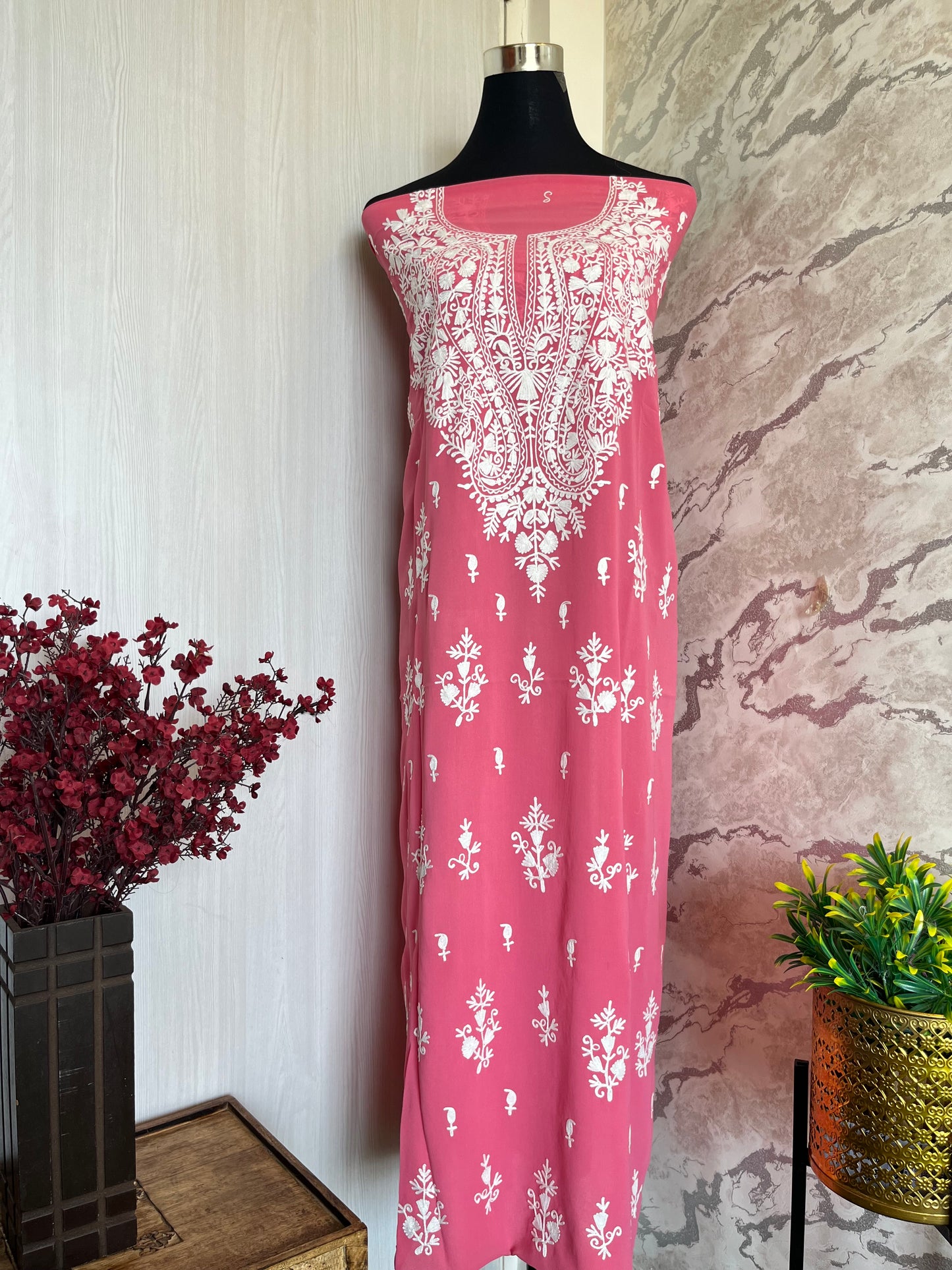 Georgette Pink All over Work Aari Embroidered Unstitched Kurta Material