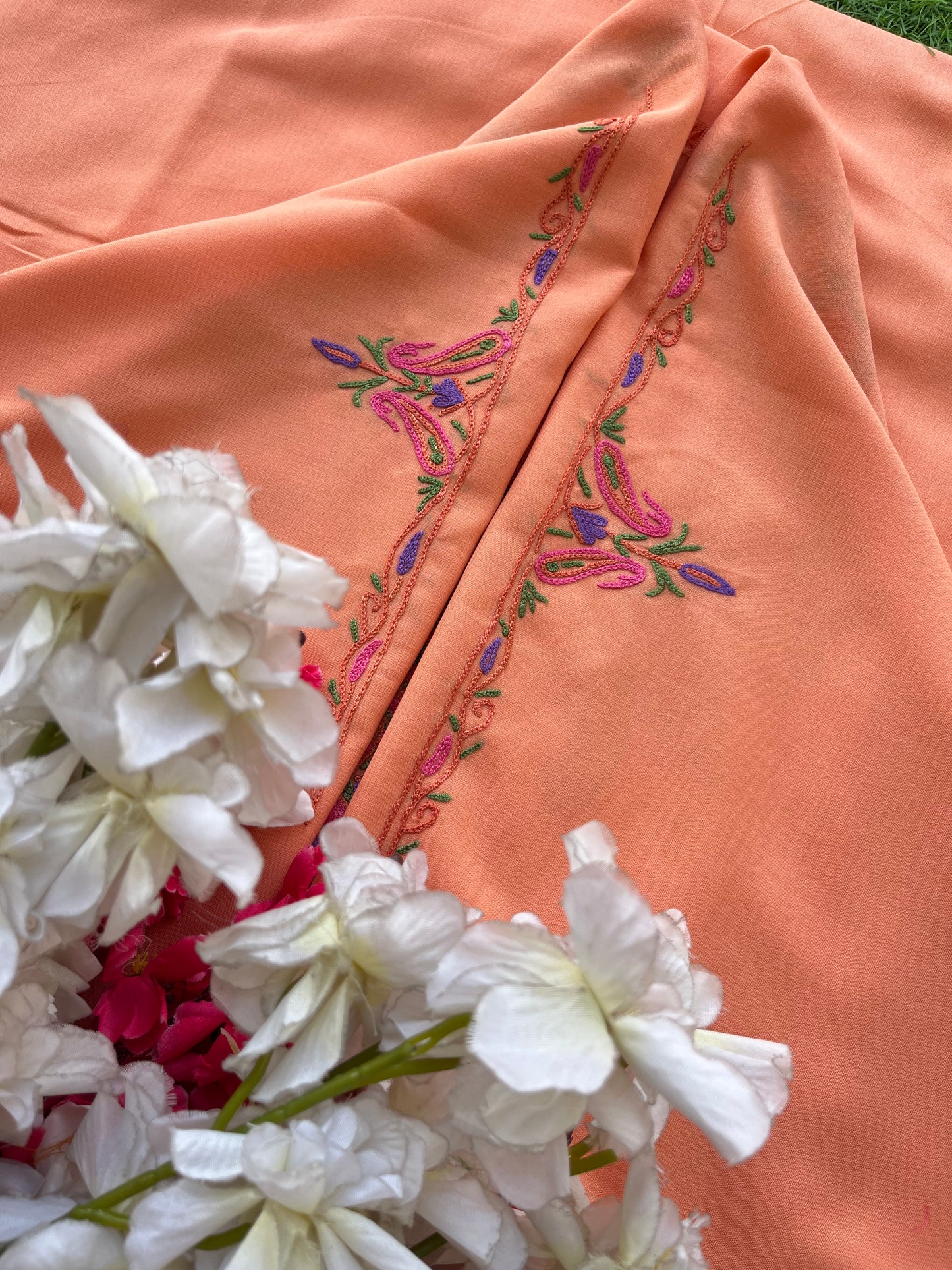 Peach Green Cotton Two Piece Suit(Hand Embroidered)