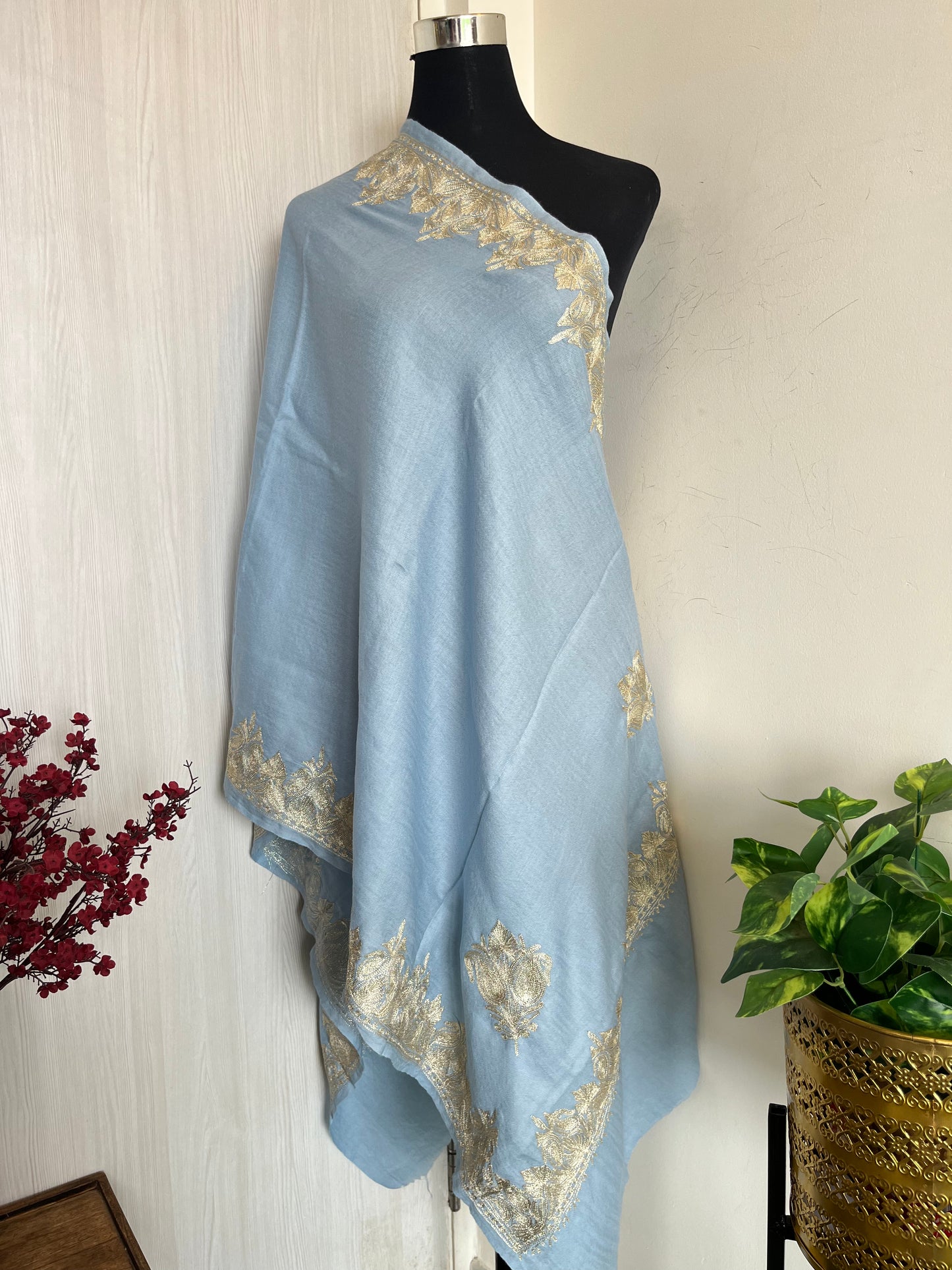English Blue Fine Semi Pashmina Tilla Embroidered stole