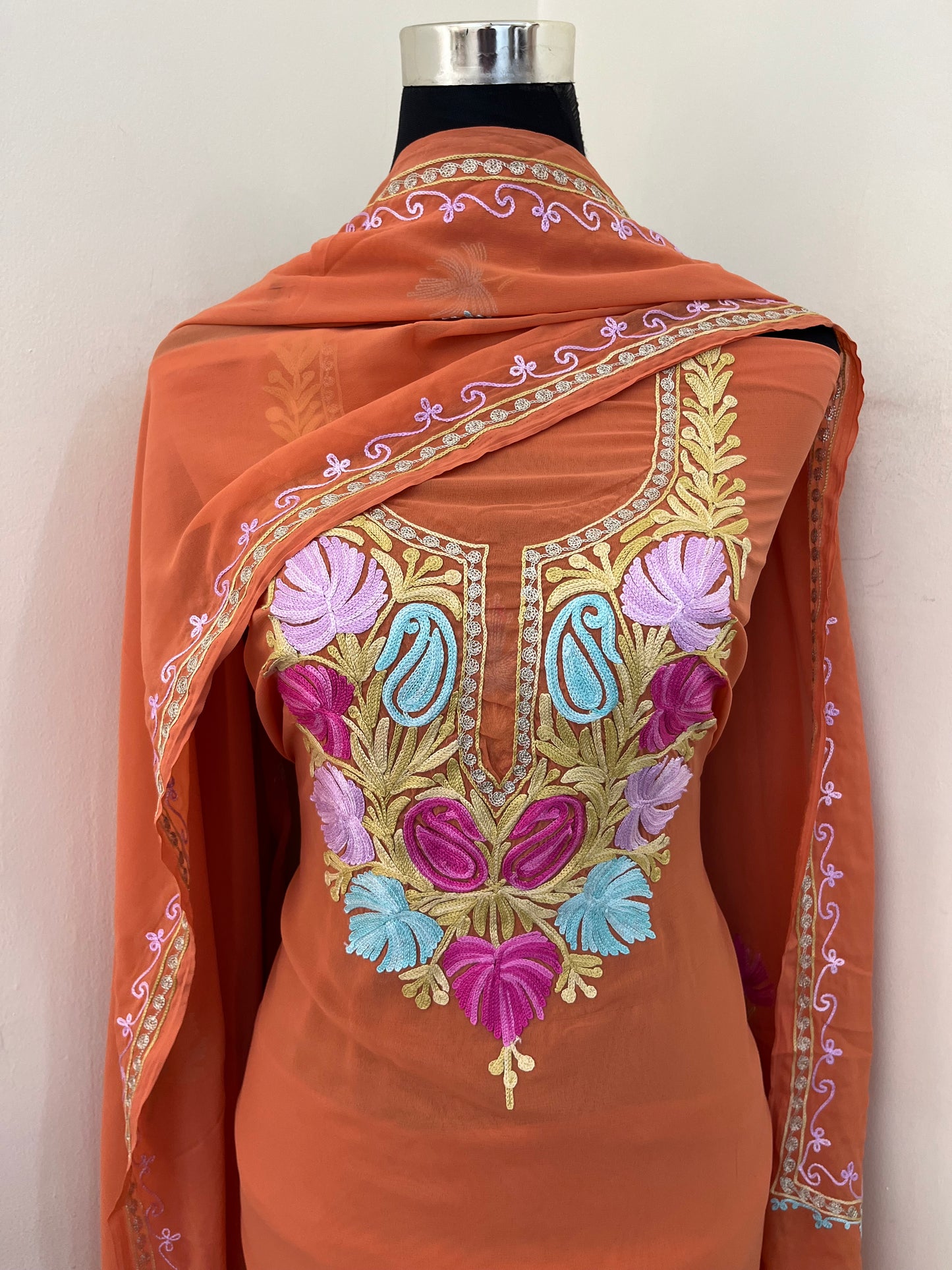 Soft Orange Georgette 3 Pc Aari Embroidered Suit Set