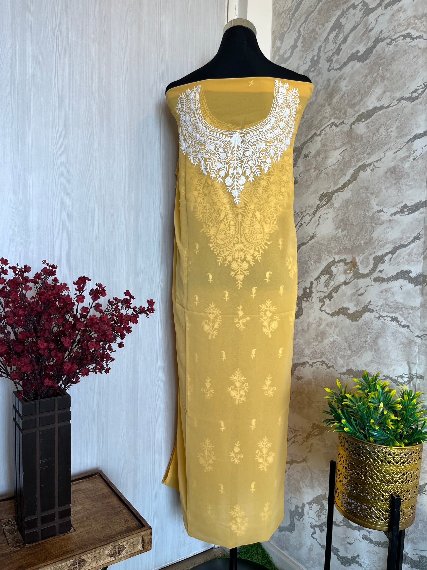 Georgette Yellow All over Work Aari Embroidered Unstitched Kurta Material