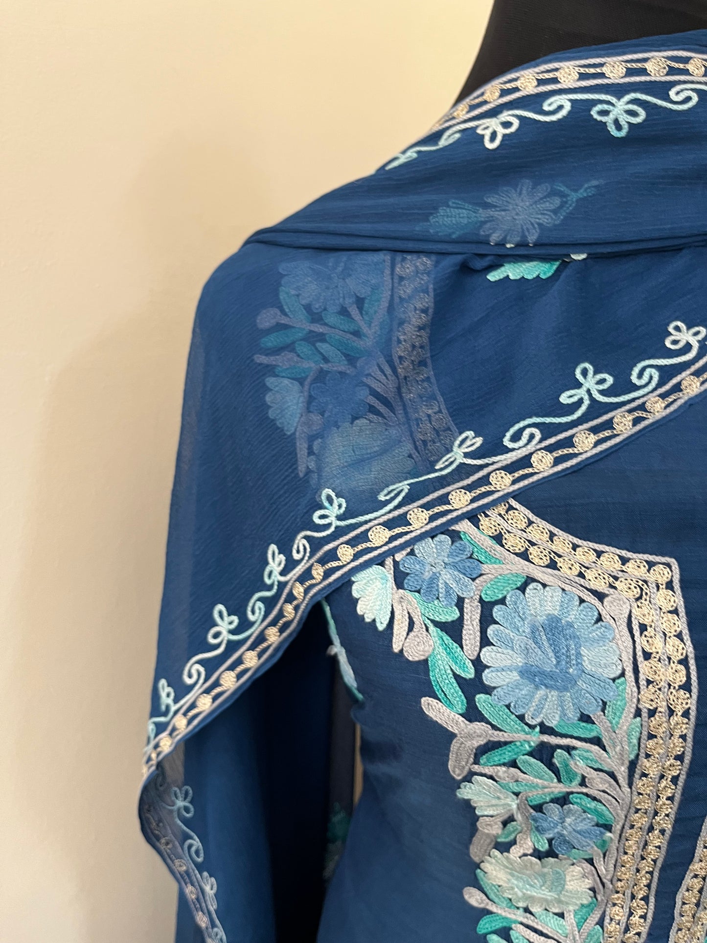 Blue  Muslin Cotton Jaal Sleeves Kashmiri 3pc Suit