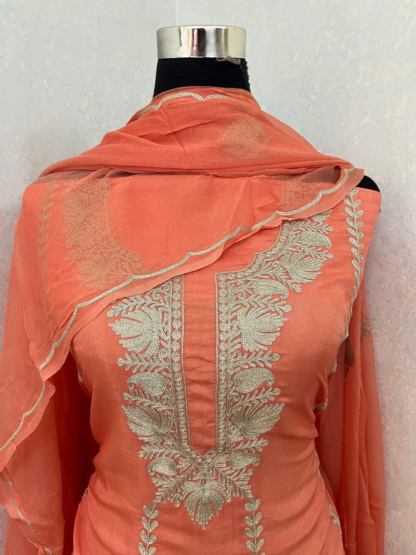 Sanam’ Peach Silk Tilla Embroidered Suit material