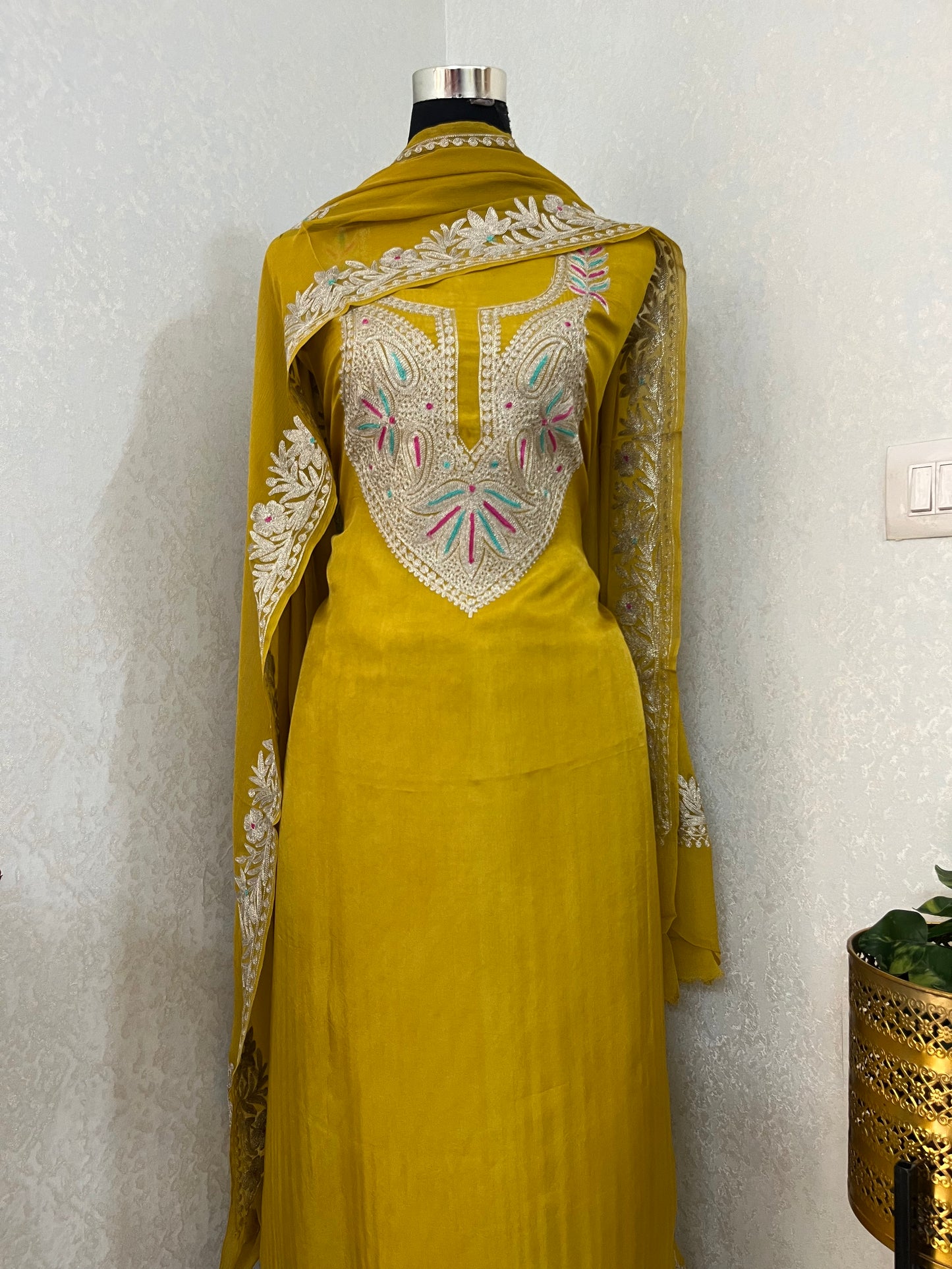 Golden Yellow Opada Silk Kashmiri Suits