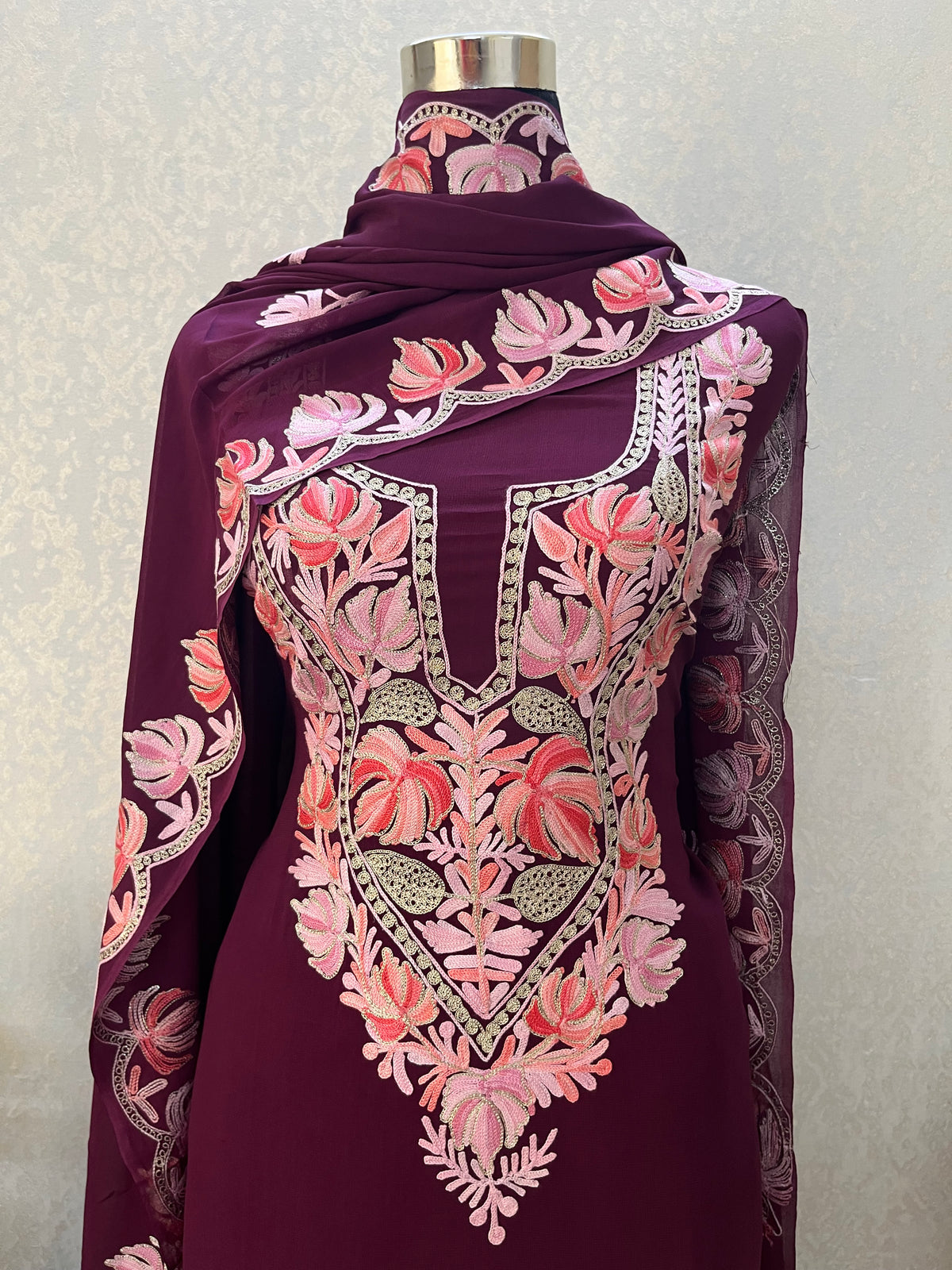 Wine Pure Georgette Kashmiri Suit