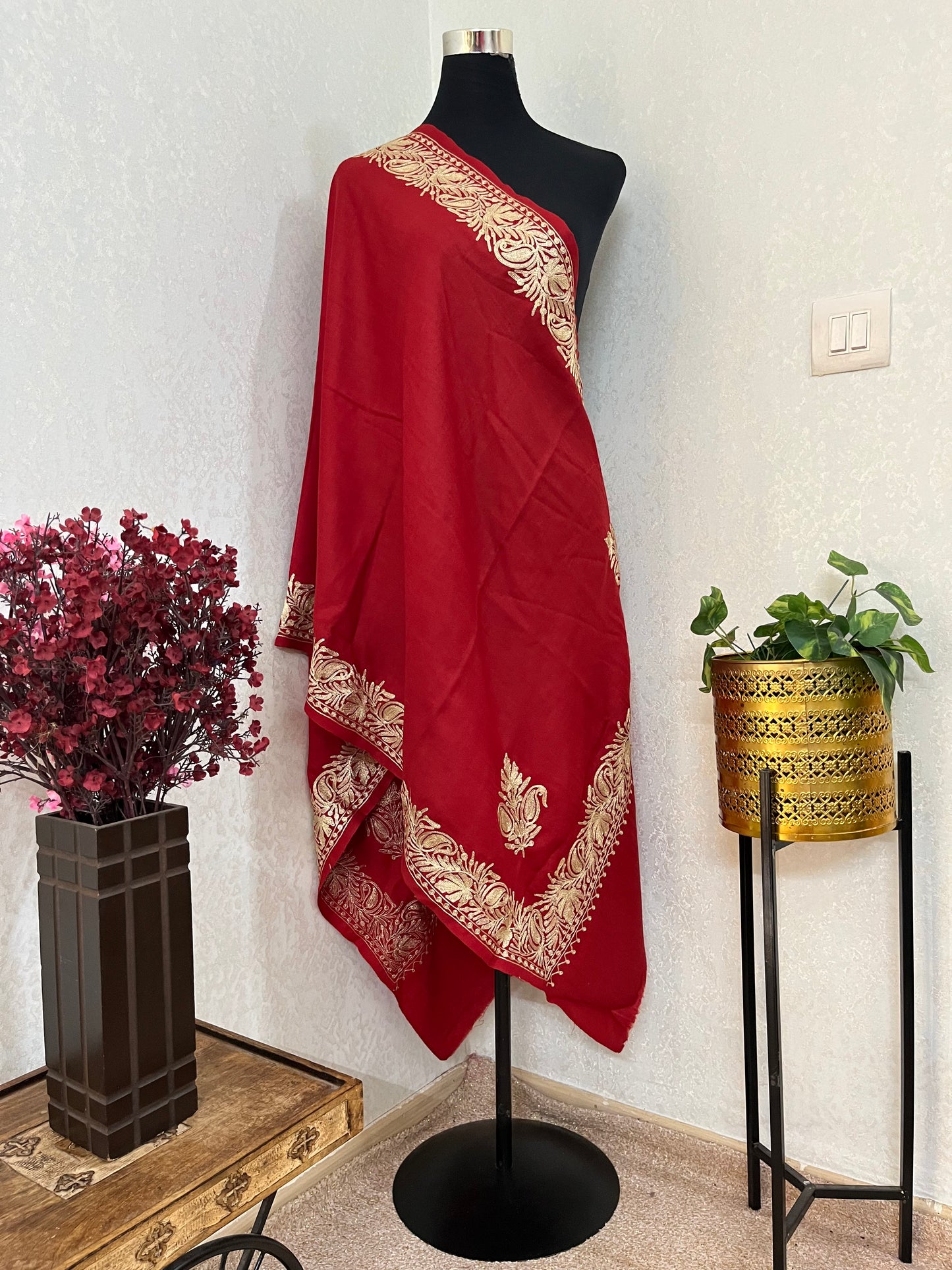 Maroon Semi Pashmina Tilla Embroidered stole