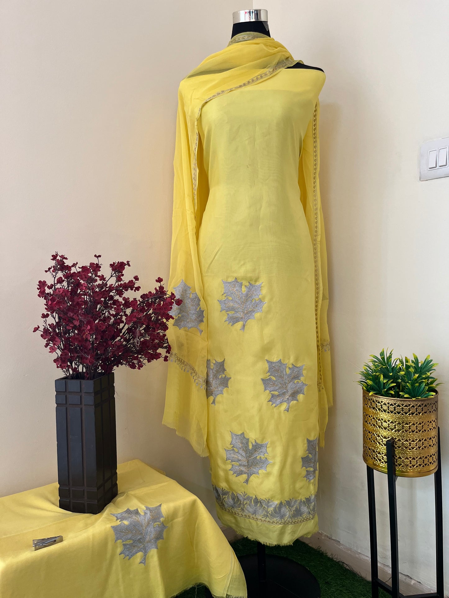 Sanam’ Lemon Yellow Tilla Embroidered Suit material