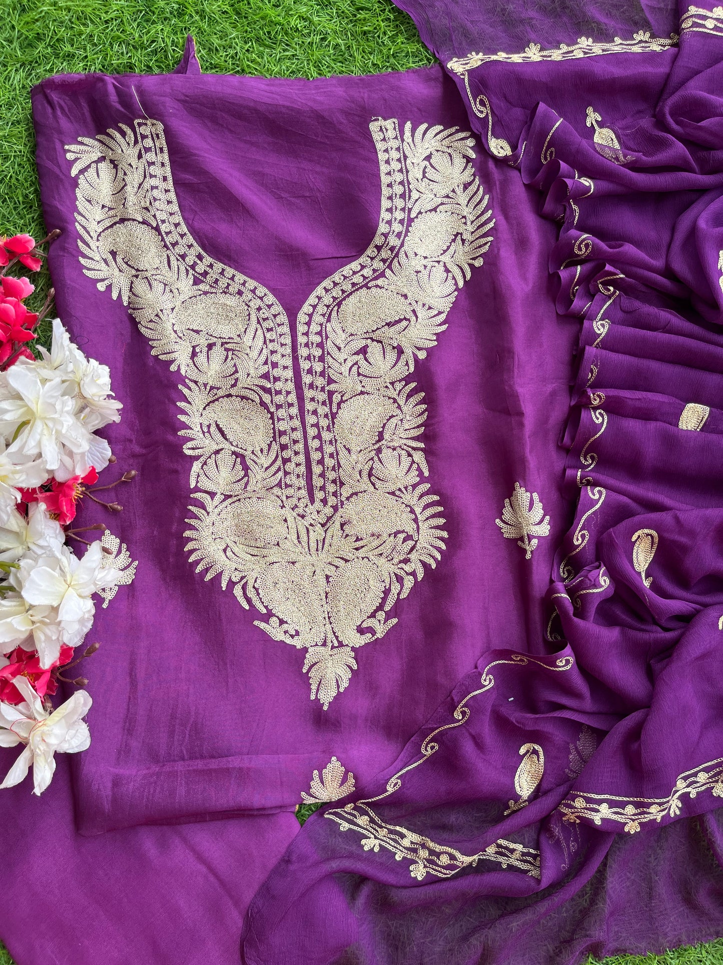 Wine Silk Tilla Kashmiri Suit