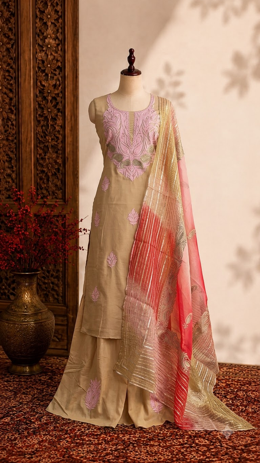 Beige Satin Cotton Kashmiri Suit